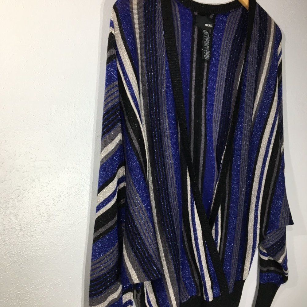 Vintage 90's Black Blue Silver Batwing Cross Over Sweater, Plunging V, Disco - L - Picture 9 of 10